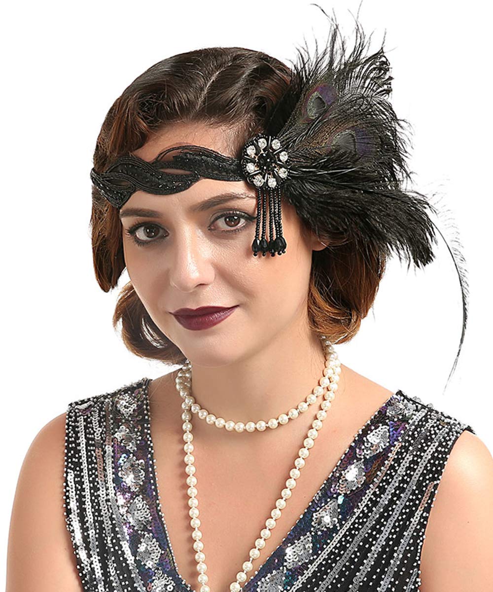 Anglacesmade Bridal 1920s Flapper Feather Headband with Stretchy Lace Band Crystal Beaded Peacock Feather Headpiece Great Gatsby Hair Jewelry for Women and Girls