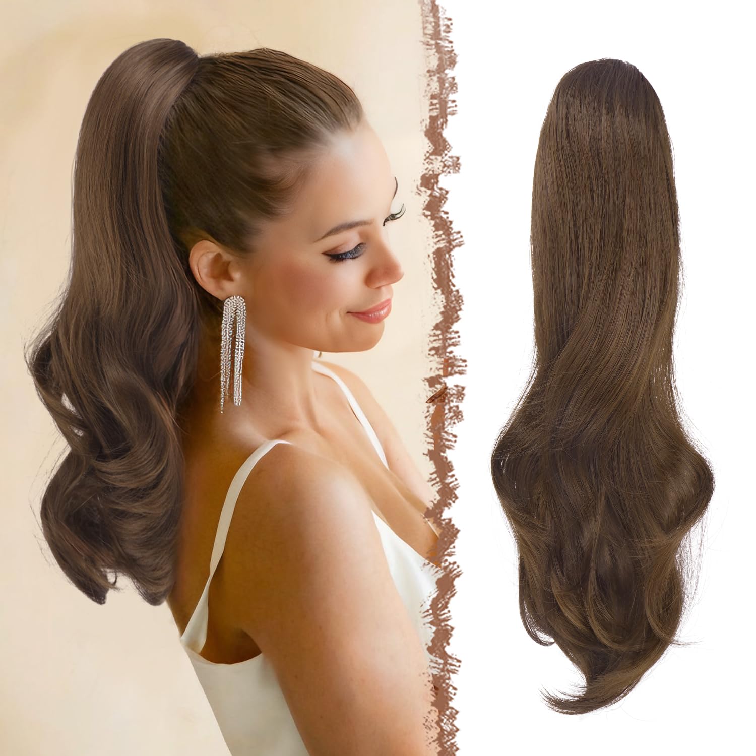 Photo 1 of FESHFEN Drawstring Ponytail Extension, Natural Long Wavy Layered Synthetic Pony Tails Hair Extensions Hairpieces for Women, Multi Brown 20 inch