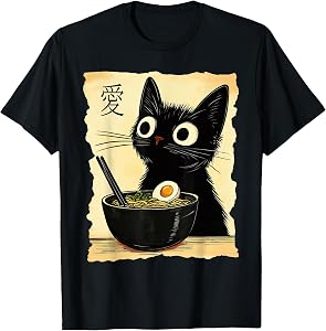 Funny Cat Ramen Graphic Tee Japanese Kawaii Anime Cat T-Shirt