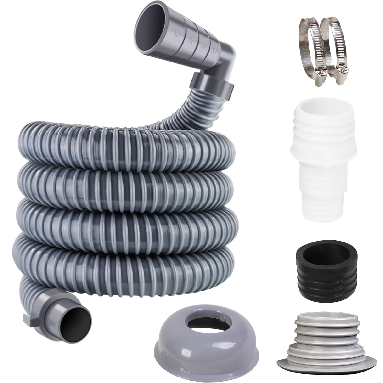 Photo 1 of 10ft Washing Machine Drain Hose,Universal Elbow Washer Drain Hose Extension Kit, 32.5mm/1.28" Large Diameter Washer Hose with 1 Adapter, 2 Clamps, 1 Seal Plug+Cap(3m)