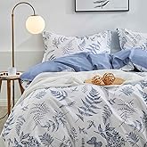 KimLuxz White Blue Floral Queen Size Duvet Cover, Soft Botanical Flower Leaf Patterned Reversible Quilt Cover Set, 1 Farmhouse Plants Printed Duvet Cover with Zipper and 2 Pillowcases for Women Men