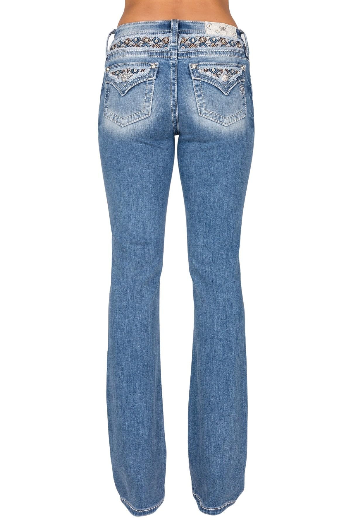 Photo 1 of Miss Me Women's Abstract Pattern Applique Faux Flap Pockets Mid-Rise Bootcut Jeans (Medium Blue, 26W x 34L)