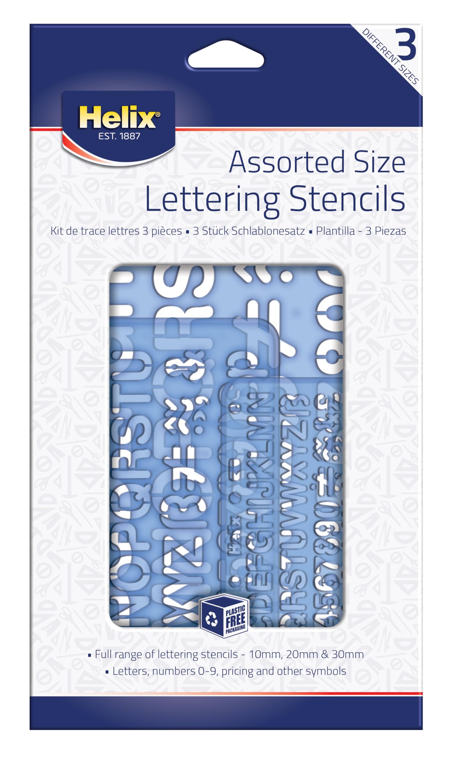 Helix Three Piece Stencil Set - Letters Numbers and Symbols (10mm 20mm 30mm), Blue