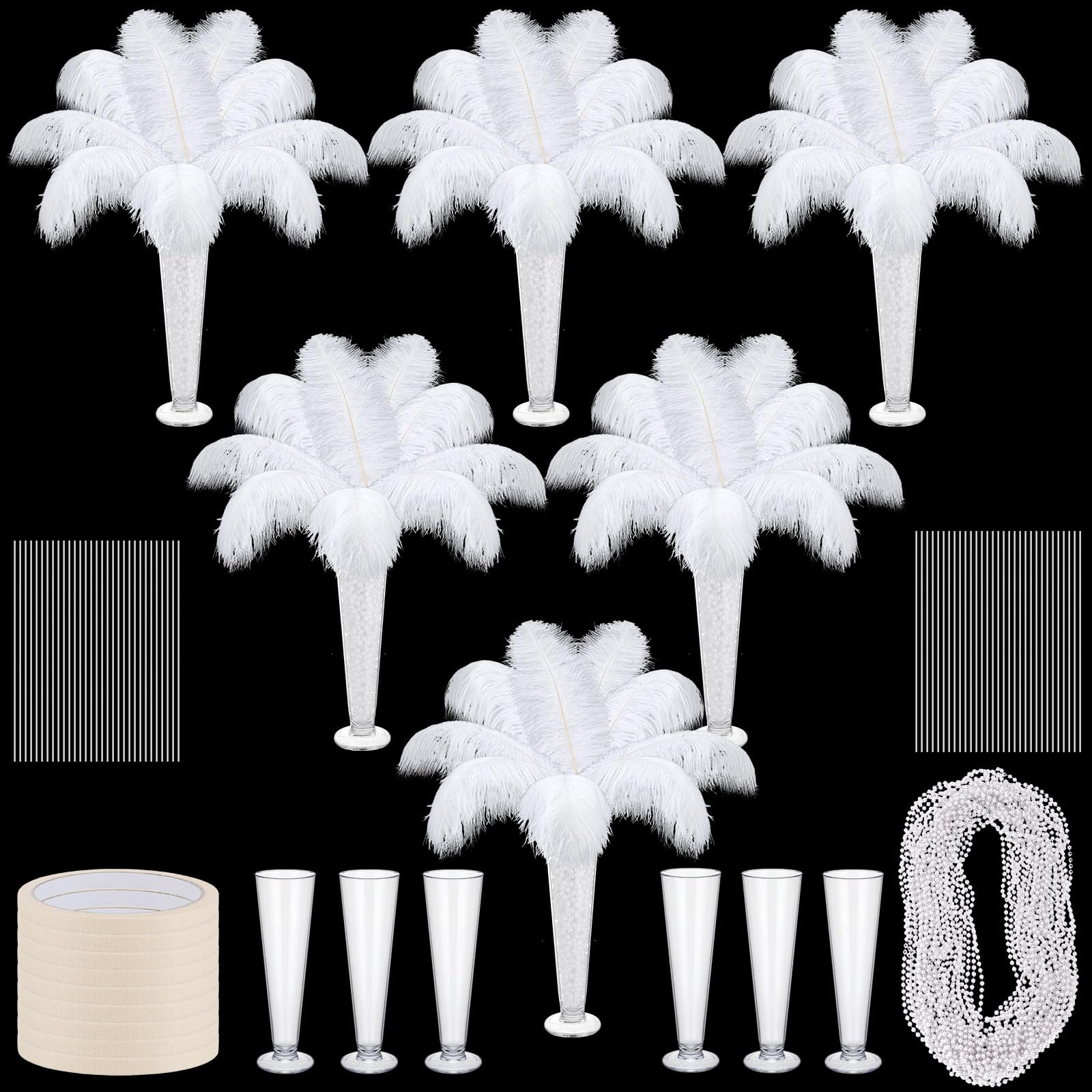 Photo 1 of Yuxung 6 Sets Wedding Table Centerpiece Accessories Including 159 Pieces Natural Ostrich Feather Bulk Plastic Vases and Beads Necklaces for Wedding Home Party Centerpiece Supplies(White)