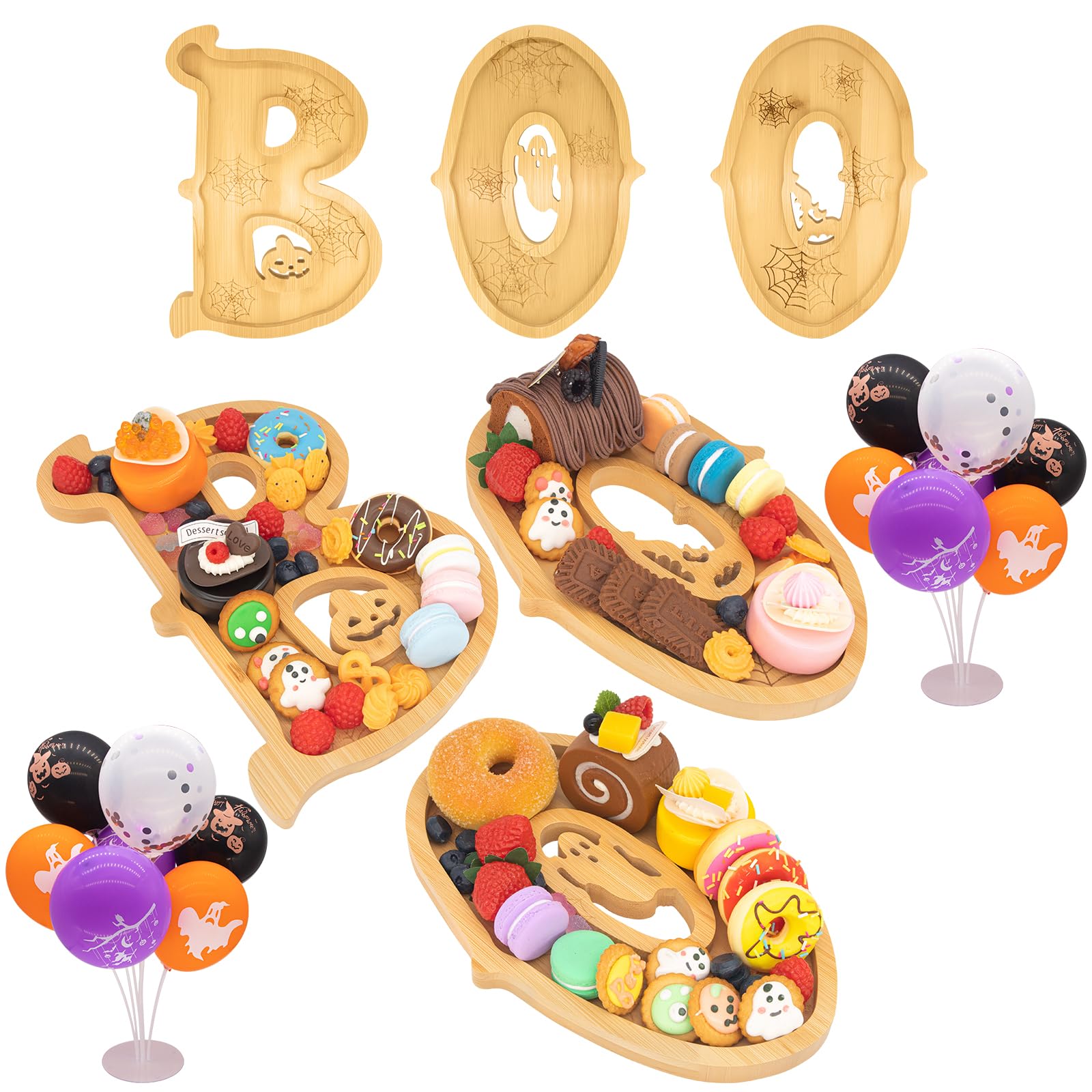 Photo 1 of 3PCS Wooden Halloween Decorations Letters Charcuterie Board Box-(with 14 Balloons) BOO Charcuterie Letters Fillable Food Halloween Party Supplies Halloween Party Table Decoration Food Tray Platter