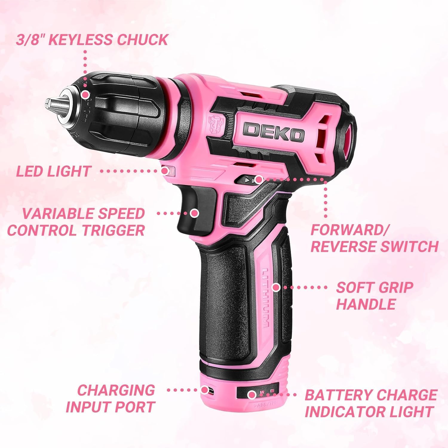 Cordless Drill：DEKOPRO 12V Power Battery Drill Set with Small Electric Drills and 3/8-inch Keyless Chuck with Portable Tool Set Gift Box (Pink)