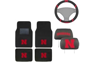 AAC FANMATS NCAA Carpet Floor Mats Bundle with Head Rests and Steering Wheel Cover for Nebraska Cornhuskers Fans Officially Licensed(7 Items)
