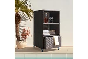 PATIO NOVAGARDEN Outdoor Pool Towel Storage Cabinet Organizer Towel Valet Rack with Storage Shelves & Drawer Patio Wicker Pool Towel Holder with Rolling Wheels Poolside Caddy w/Cover for Hot Tub Spa Brown