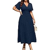RWJ Women's Plus Size Wrap V Neck Dress Summer Short Sleeve Swiss Dot Empire Waist Casual Holiday Wedding Maxi Dresses