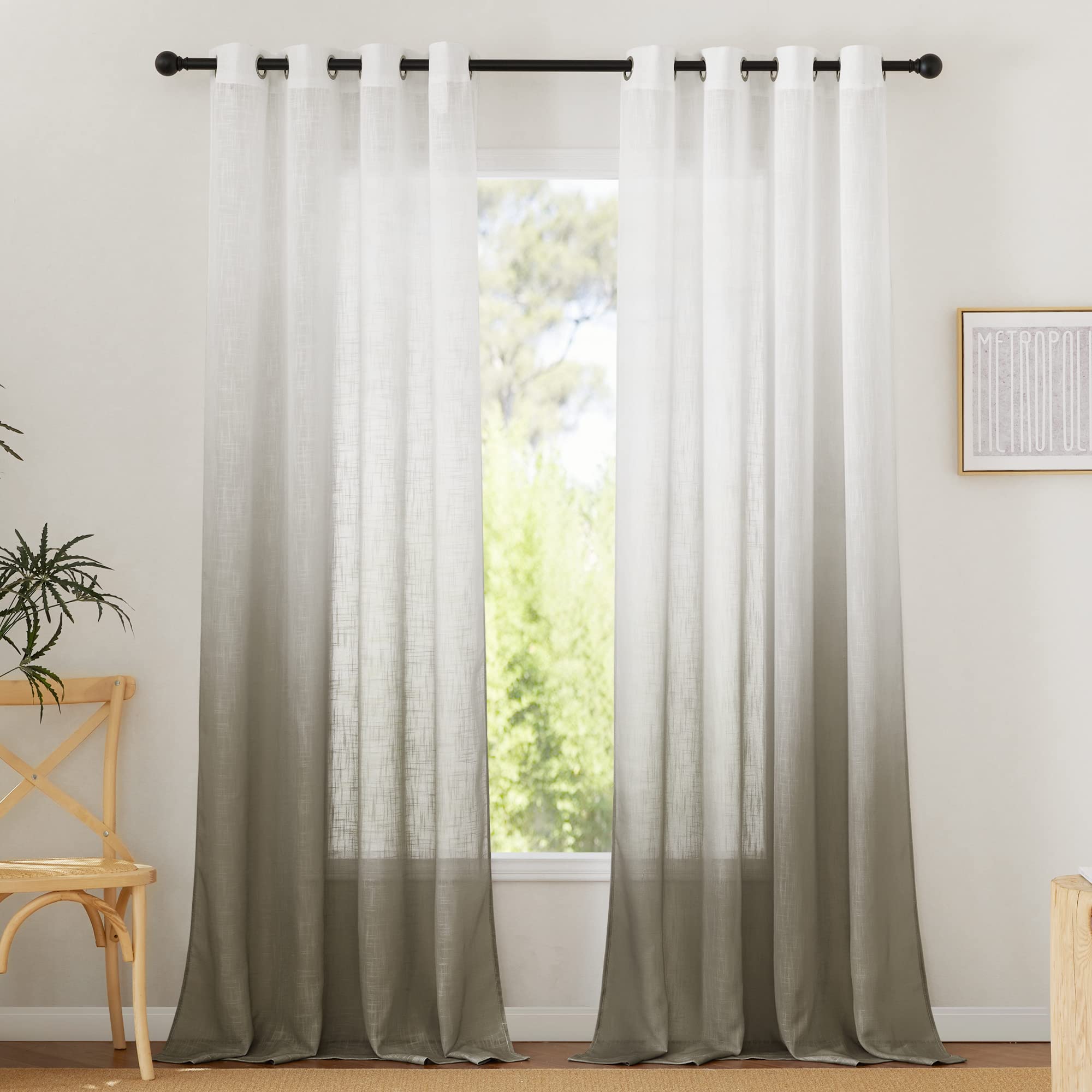 PONY DANCE Living Room Modern Eyelet Curtains Set of 2 H 245 x W 140 cm Semi-Transparent White Curtains with Colour Gradient Linen Look Voile Panels Semi-Transparent, Brown