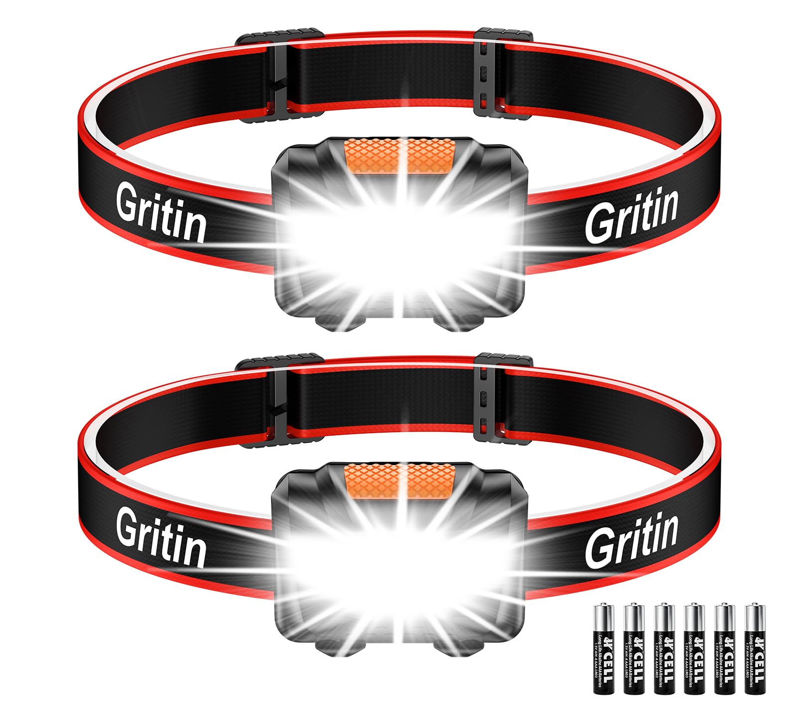 Gritin Stirnlampe LED, [2 Stück] LED Stirnlampe Kopflampe Superhell mit 3 Modi, IPX5 Wasserdichte Leichtgewichtige Mini Stirnlampe fürs Laufen, Campen, Joggen, Angeln