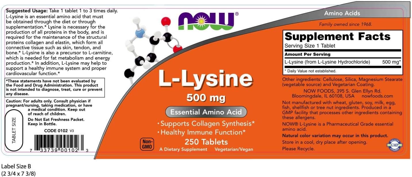 NOW Supplements, L-Lysine (L-Lysine Hydrochloride) 500 mg, Amino Acid, 250 Tablets: Health & Personal Care