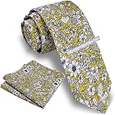 GUSLESON Fashion 2.4"（6cm） Cotton Floral Printed Necktie Tie Clip and Pocket Square Sets + Gift Box