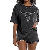 Wrenpies Western Cow Skull Shirts for Women Oversized Cowgirl Country Concert Vintage Graphic Tees Cowboy Rodeo T Shirt Tops