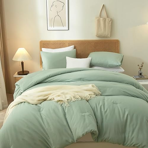AMWAN Queen Comforter Set - Sage Green Queen Size 3 Piece Boho Solid Bedding Set - Down Alternative Comforter, Fluffy Bed Set - All Seasons Bedding Quilt & 2 Pillow Shams