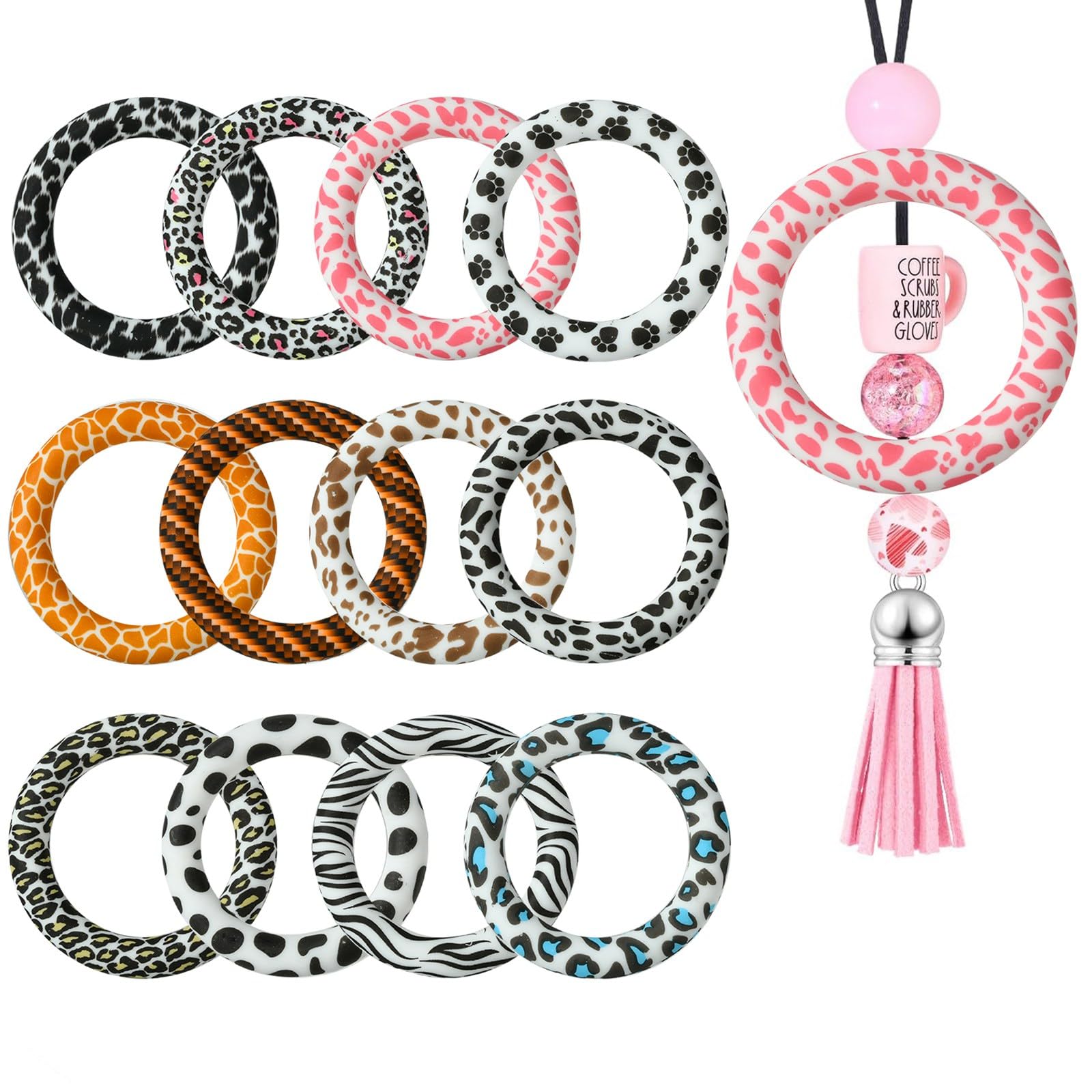 UR URLIFEHALL 12 Pcs 12 Styles Animal Print Silicone Beadable O Rings Round Silicone Loop with 2 Holes Focal Frame for DIY Keychain Crafts