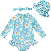 Baby Girl Swimsuit Long Sleeve One-Piece Swimwear with Hat Rash Guard Ruffle Floral Zipper Beach Infant Bathing Suit