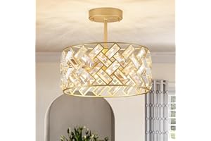 CATINER Modern Gold Crystal Chandeliers, Small Semi Flush Mount Chandelier 4-Ligh 12'' Drum Crystal Pendant Light Fixture for Foyer Entryway Kitchen Hallway Dining Room