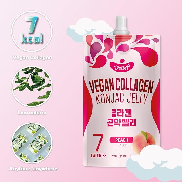DELIEF VEGAN COLLAGEN KONJAC JELLY (PEACH FLAVOR) 120G X 10 PACKS – LOW-CALORIE FRUIT GEL SNACK, GLUTEN-FREE, PLANT-BASED, 7 KCAL PER POUCH