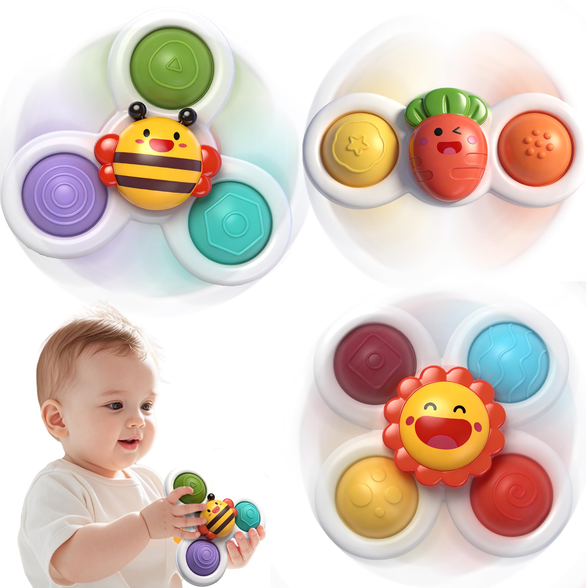 3PC Suction Spinner Toys for Babies 12 Months, Bath & Window Suction Toys, Airplane Travel Activities, Montessori Sensory Fidget Toys, Easter Basket Stuffers Gifts for 1 Year Old Boys Girls