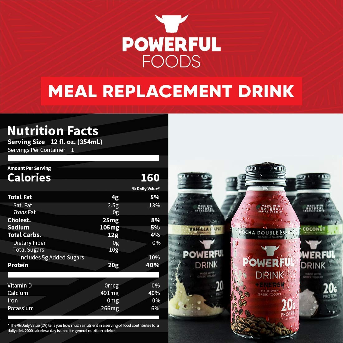 Powerful Drink Protein Shake, Meal Replacement Shake, Greek Yogurt