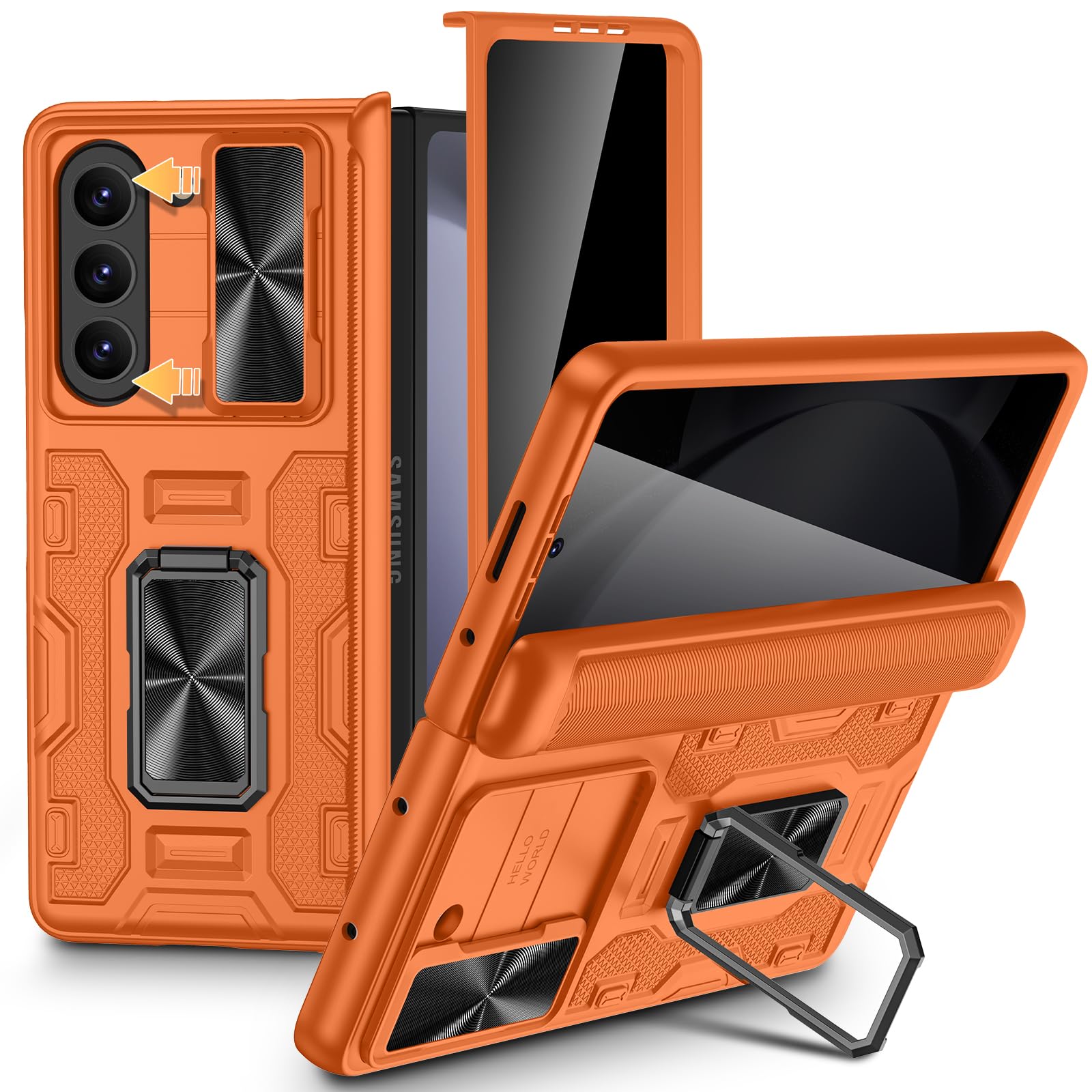 VEGO for Samsung Z Fold 5 Case, Built-in Privacy Screen Protector & Slide Camera Cover & Hinge Case, Full-Body Drop Protection Anti Peeping Kickstand Phone Case for Samsung Galaxy Z Fold 5 2023-Orange