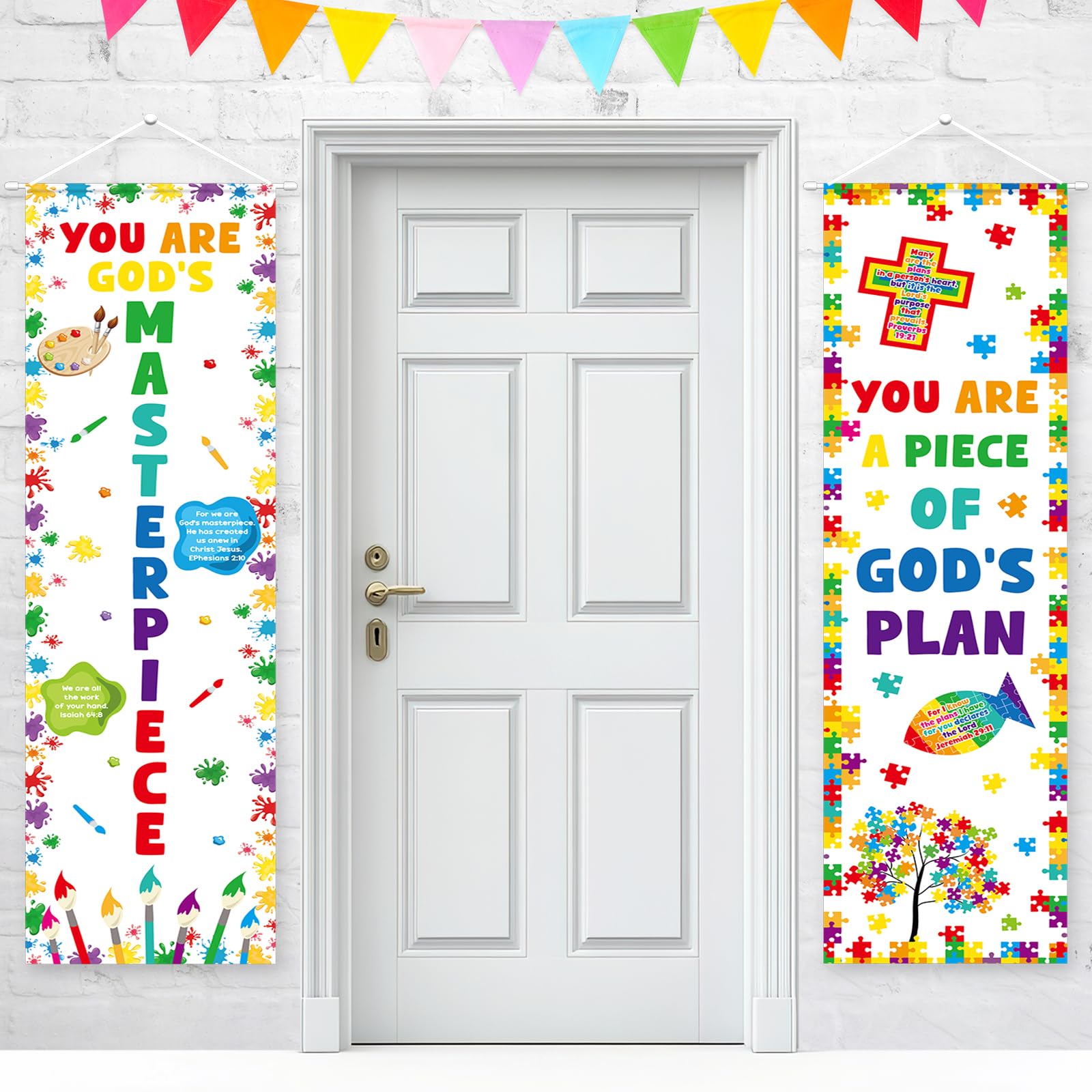 Photo 1 of 2PCS Back to School Religious Classroom Door Banner Decorations You Are God's Masterpiece Hanging Porch Signs Christian Inspirational Wall Art Decor for Sunday School Classroom Church Home Decor