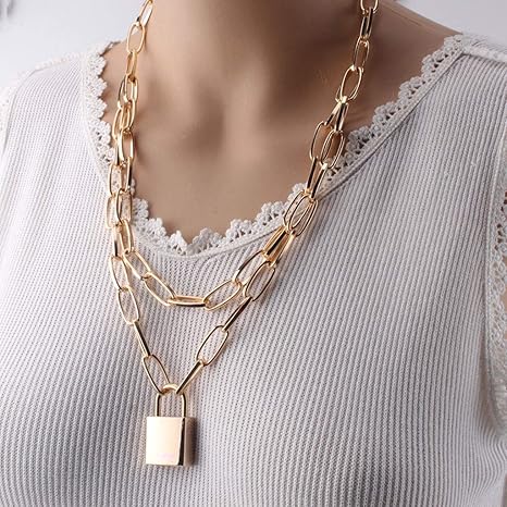 Amazon Co Jp ダブルレイヤーロックチェーンネックレスパンク90年代リンクチェーンシルバー色の南京錠ペンダントネックレス女性のファッションゴシックジュエリー Color Gold ホーム キッチン