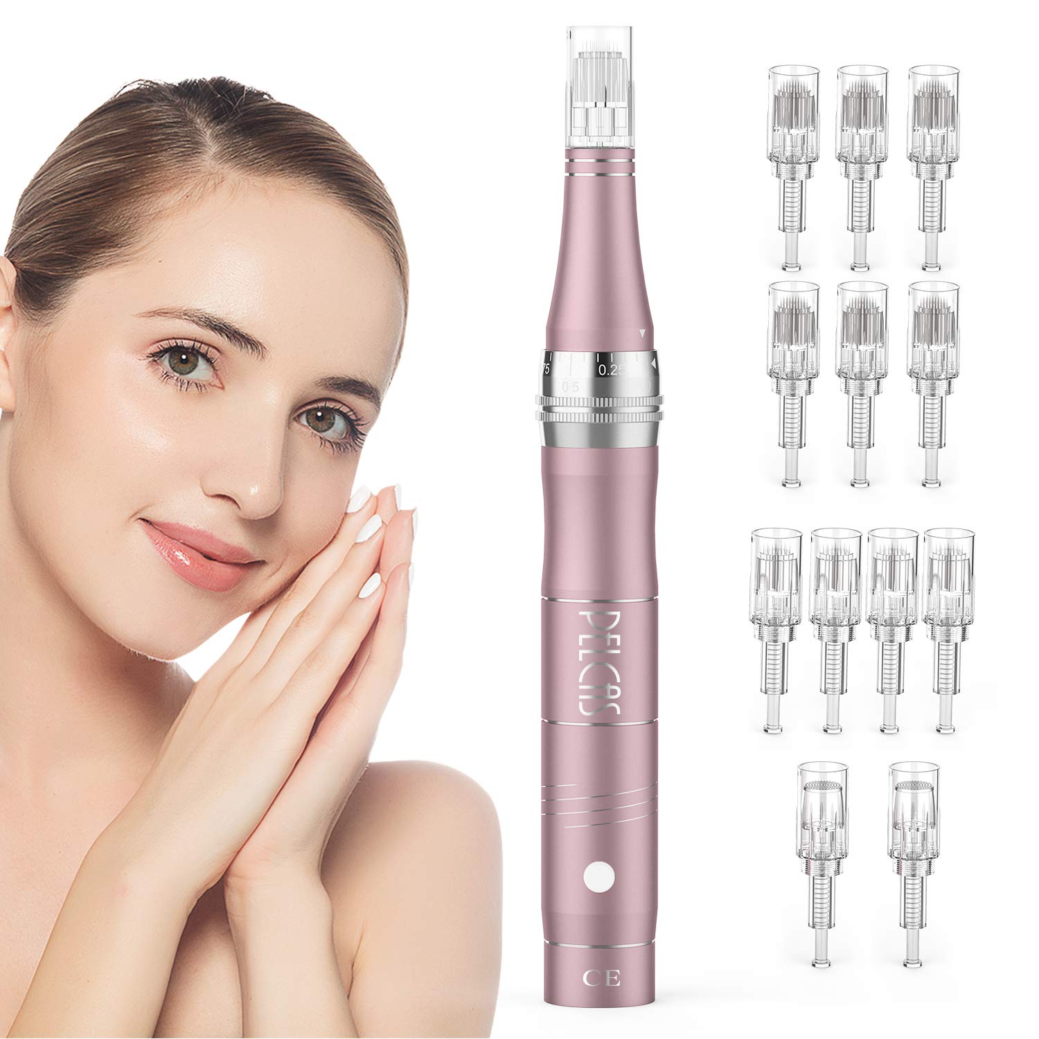 Microneedling Pen, PELCAS Electric Dermapen with 12 Needles Cartridges(6 * 36Pin + 4 * 12Pin + 2*Nano) Cordless Adjustable Speeds Dermapen Rechargeable Micro Needling Pen（Rose Gold）