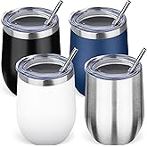 GUDEMAO 12oz/4 Pack Stainless Steel Wine Tumbler with Lid and Straw, Double Wall Vacuum Insulated Wine Tumbler Glasses, Stemless Travel Mugs for Hot and Cold Drinks, Coffee, Wine, Cocktails