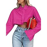 Wcuvbv Women Cropped Button Down Shirt Asymmetric Hem Long Sleeve Collared Blouse Top