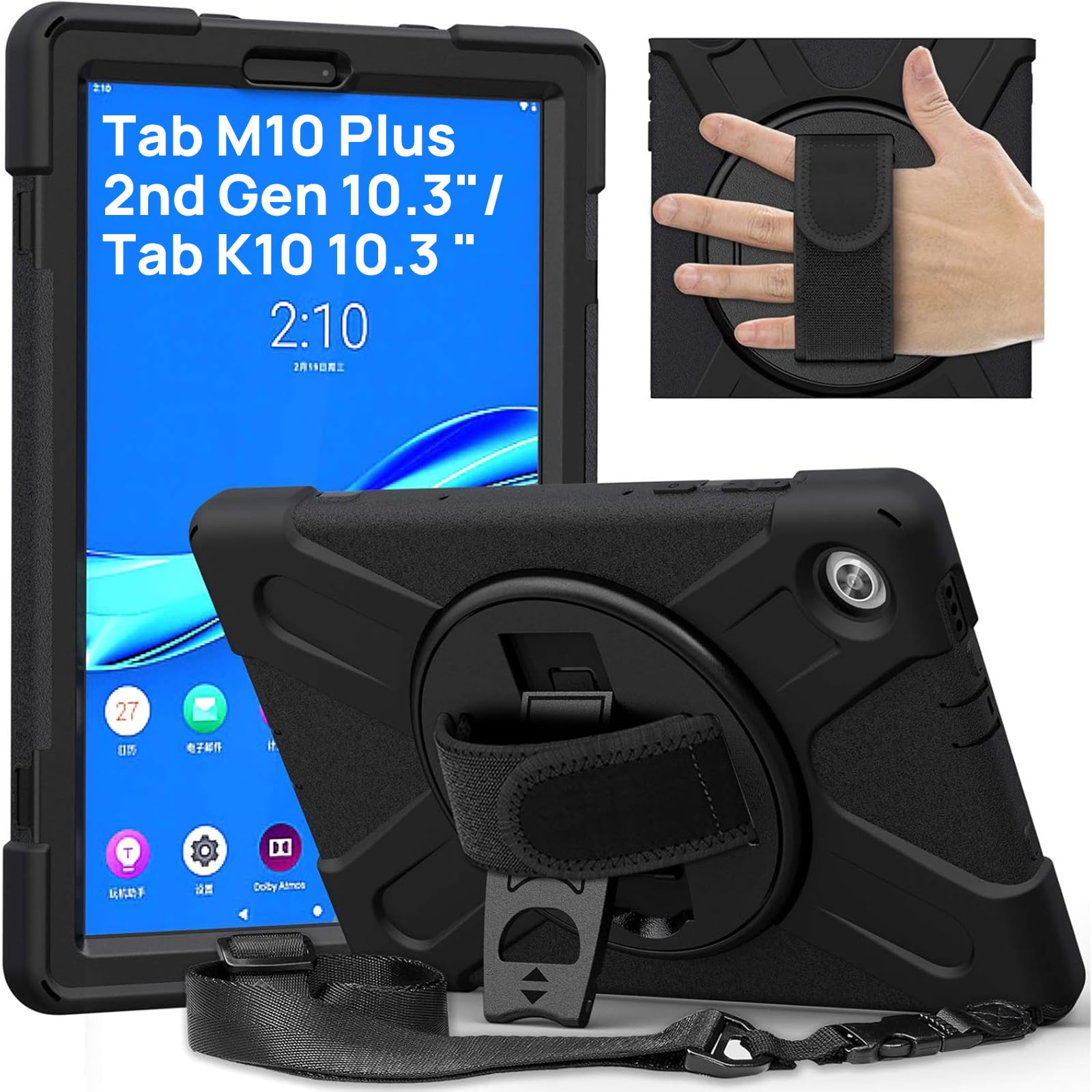 Gerutek Lenovo Tab M10 Plus 2nd Gen and Tab K10 10.3 Inch Shockproof Robust Armour Case with 360 Rotating Stand, Hand Strap, Shoulder Strap Rugged Protective Case for Lenovo M10 Plus 2nd Gen, Black — image 1