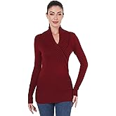 AmélieBoutik Women Shawl Collar V Neck Faux Wrap Ribbed Knit Long Sleeve Tunic Sweater