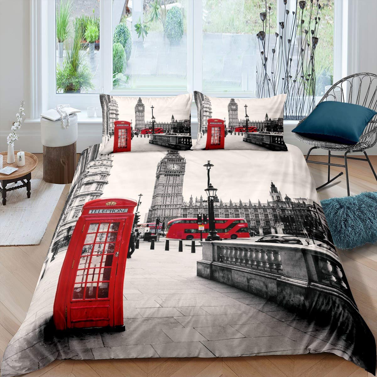 Loussiesd London Duvet Cover Set Double Size, World Famous City Quilt Cover Telephone Booth The Big Ben Print Soft Red Grey Bedding Set with 2 Pillow Shams, Zipper, Retro 3 Pieces… — image 1