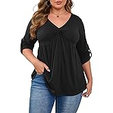 AMCLOS Womens Plus Size Tops Deep V Neck Twist Knot Front Shirts Casual Flowy Slim Fit Dressy Blouses Roll up Sleeve Tunic