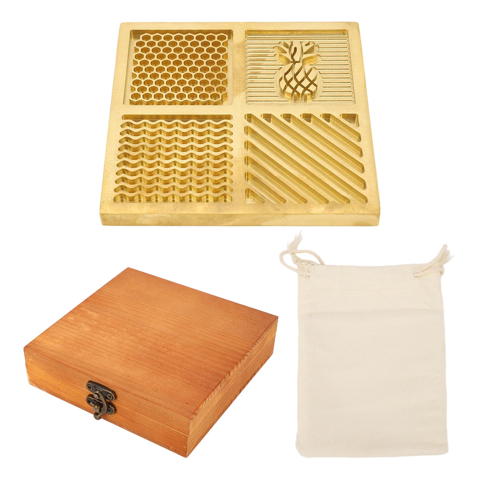 Brass Ice Designer Tray Ice Cube Molds 4 Patterns Ice Cube Stamp Stamping Plate for Bar Home, Storage Tray for Whiskey Cocktails with Beech Wood Box and Storage Bag