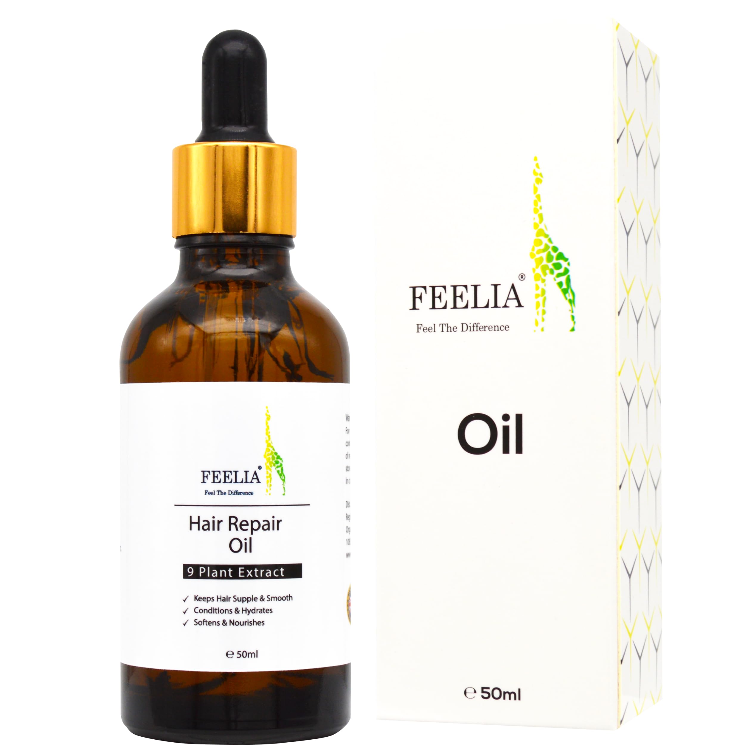 Feelia – Hair Repair Oil, With Argan, Avocado, Jojoba For Dry Damage Hair, Keeps Hair Supple & Smooth, Conditions & Hydrates, Rich in Vitamin E, 9 Plant Extract – 50ml