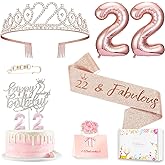 Awfrky 22nd Birthday Decorations for Her Girls Women, Including 22 year old Birthday Cake Topper, Queen Sash with Pearl Pin, Sweet Rhinestone Tiara Crown, Number Candles and Balloons Set, Rose Gold