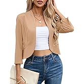 KOJOOIN Womens Cropped Blazer Casual Business 3/4 Sleeve Collarless Open Front Cardigan Work Jacket Shrug