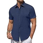DEMEANOR Linen Shirts for Men Short Sleeve Button Down Shirts Summer Beach Casual Linen Button Up Shirt Vacation Wedding