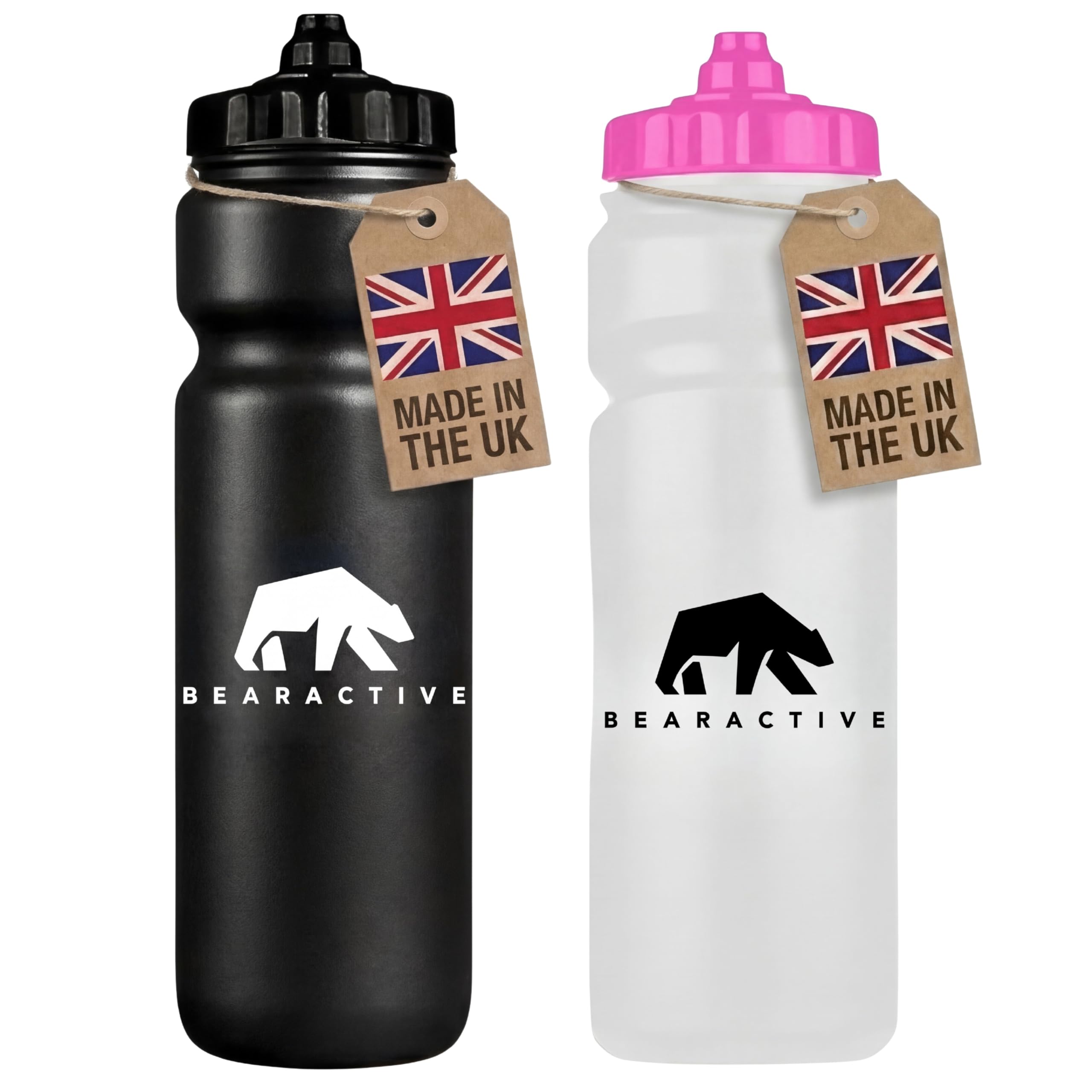 Bearactive 2x Sports Bottle UK Made Lightweight Sports Water Bottle 750ml with Valve Sprout - BPA Free Plastic, Dishwasher and Leak Proof - for Gym, Bike, Running, Hiking, Football - Black & Pink