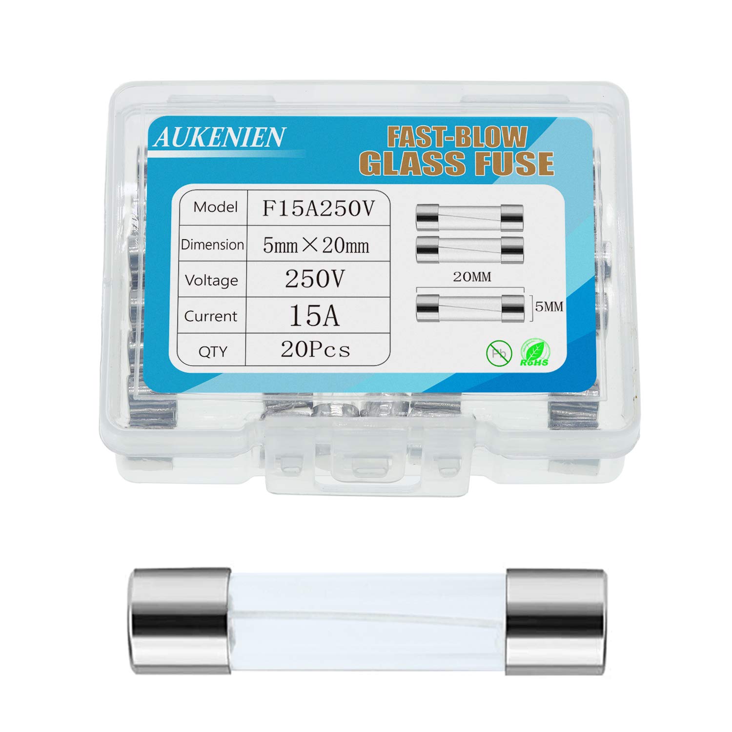 AUKENIEN 15A 250V Fast Blow Glass Fuse F15AL250V 15Amp 250 Volt Fuses 5x20 mm 0.2x0.78 inch Multiple Values Optional (Pack of 20)