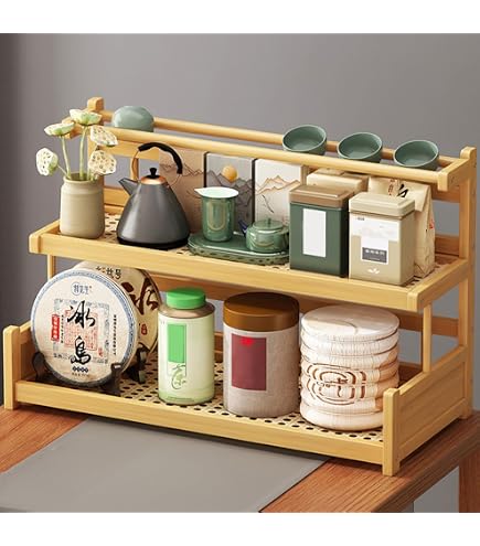 Organisateur De Tasses 2 Niveaux En Style Rotin - Étagère Pour Mugs, Bouteilles, Petits Objets - Pour Cuisine, Bureau, Bar