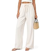 Womens Linen Pants Flowy Wide Leg Casual Drawstring Trousers with Pockets
