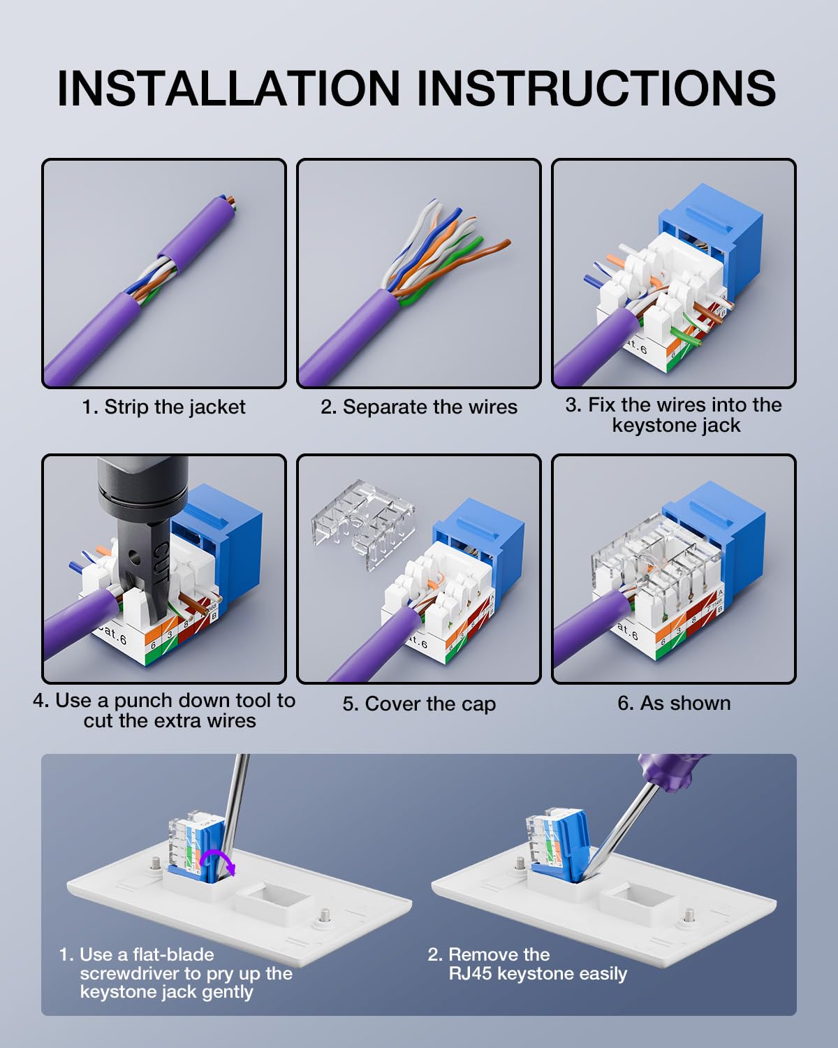 VCELINK RJ45 Cat6 Keystone Jacks with Dust Cover, Dust-Proof Keystone Jacks, Slim Profile 25-Pack, 90-Degree Punch Down Ethernet Modular Jacks, UTP Keystone Jack Adapter, Blue