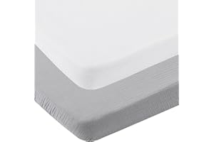 ONACOSHT Muslin Pack n Play Sheets Soft Breathable 100% Cotton Mini Crib Fitted Sheets Portable/Convertible Playard Mattress Cover 2 Pack for Baby Boy and Girl, White and Grey