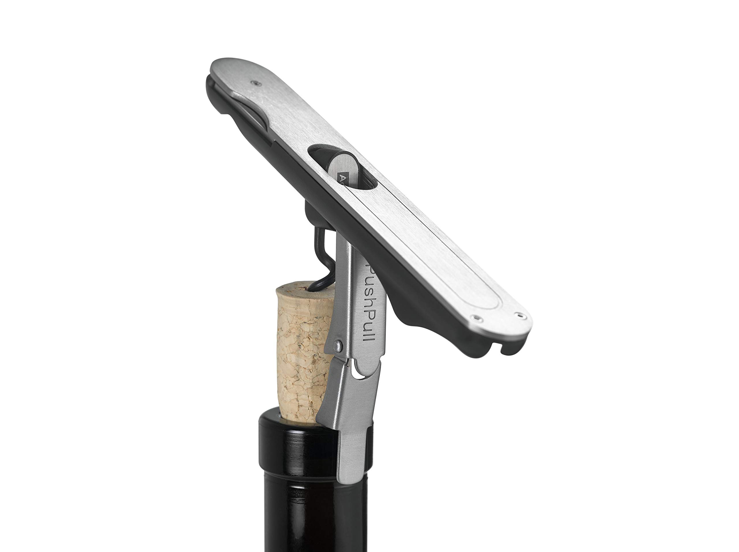 AdHocPushPull Corkscrew Wine Opener - Multi-Purpose Stainless Steel Bottle Opener - Wine Opener with Foil Cutter & Coated Spiral Corkscrew - Integrated Bottle Cap Opener - Wipe Clean Only
