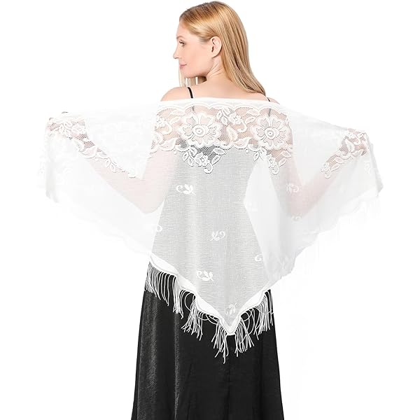 thumbnail image 2 of XUNZOO Faux Suede Fringe Lace Shawls And Wraps With Tassel For Women Evening Dresses Triangle Stoles Shrug Cover Up Ivory One Size At Women's Clothing Store 2 of 12