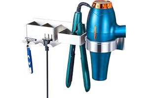 YAYINLI Hair Straightener Holder Wall Mounted, Blow Dryer and Curling Iron Holder, Hairdryer Holder for Bathroom, Adhesive Hair Dryer Holder Hair Tools Organizer with Plug Hook Storage (Silver)