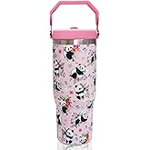 30oz Panda Tumbler with Handle and Straw, Insulated Leak Proof Travel Coffee Mug, Reusable Stainless Steel Coffee Tumbler, Panda Gifts for Women,Girls (pink)